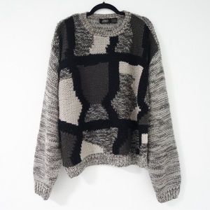 Vintage street Scenes acrylic color block grey, black & white knit sweater, SZ L